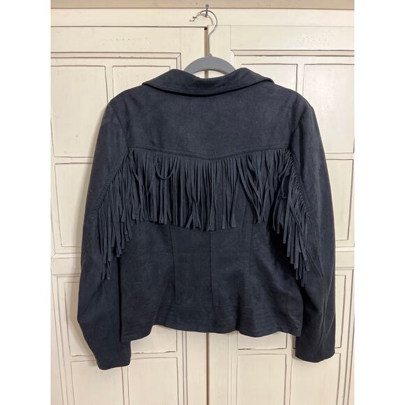 Odyn size large black faux suede jacket with fringe - Picture 2 of 4